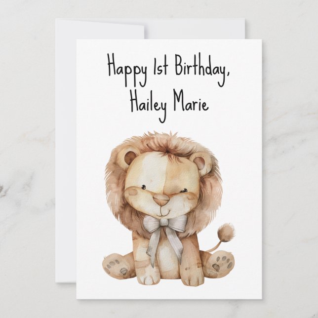 Personalised First Birthday Stuffed Toy Lion  Card (Front)