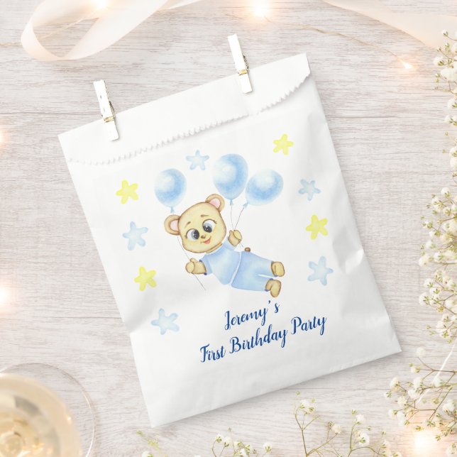Personalised First Birthday Teddy Bear Boy  Favour Bag (Clipped)