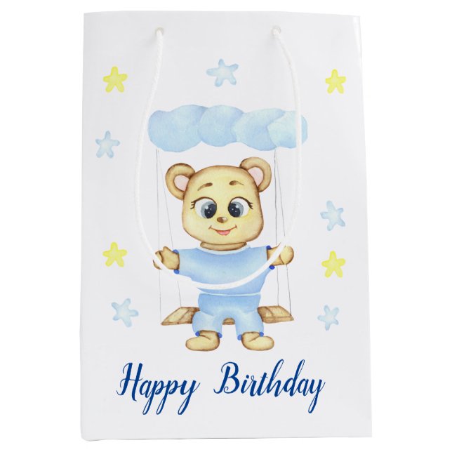 Personalised First Birthday Teddy Bear Boy  Medium Gift Bag (Front)