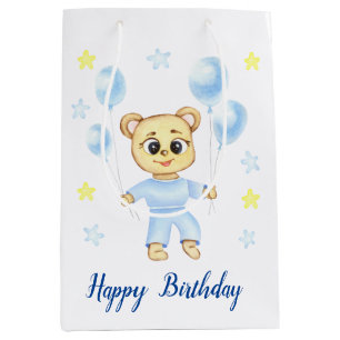 Personalised First Birthday Teddy Bear Boy  Medium Gift Bag