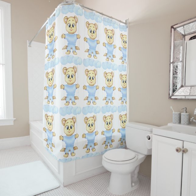 Personalised First Birthday Teddy Bear Boy Shower Curtain (In Situ)