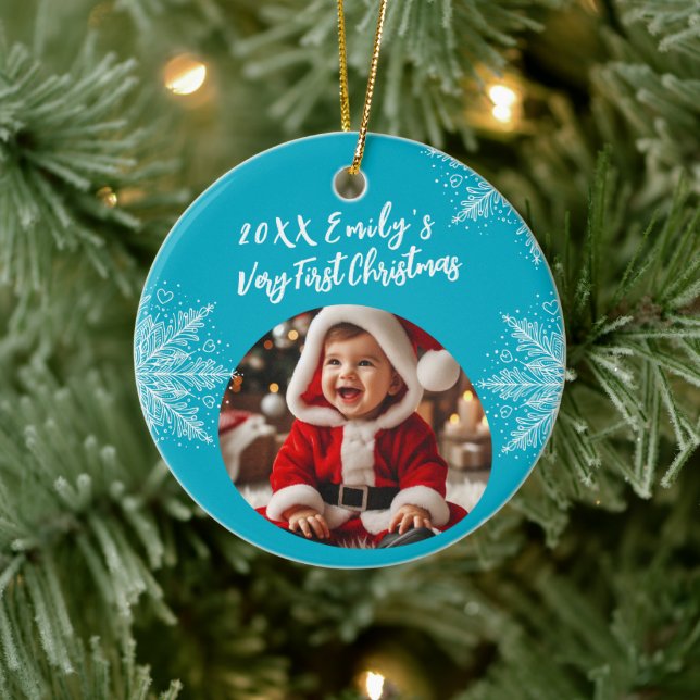 Personalised First Christmas Add Photo Snowflakes Ceramic Ornament (Tree)