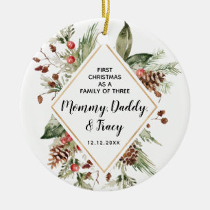 Personalised First Christmas As A Family of Three  Ceramic Ornament