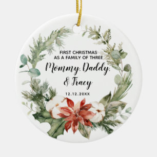 Personalised First Christmas As A Family of Three  Ceramic Ornament