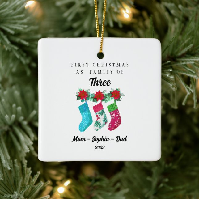 Personalised First Christmas As Family of Three Ceramic Ornament (Tree)