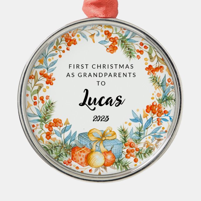Personalised First Christmas As Grandparents   Metal Ornament (Front)