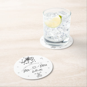 Personalised first christmas as mr and mrs round paper coaster