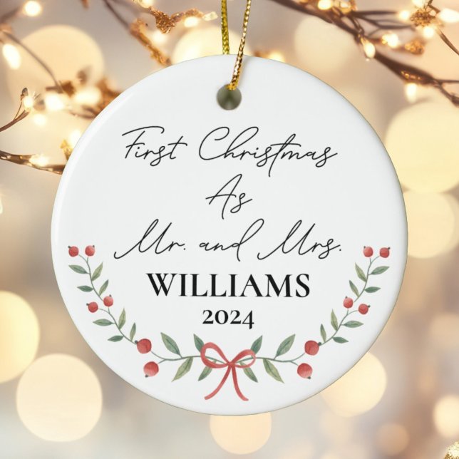 Personalised First Christmas As Mr & Mrs Festive Ceramic Ornament (Creator Uploaded)