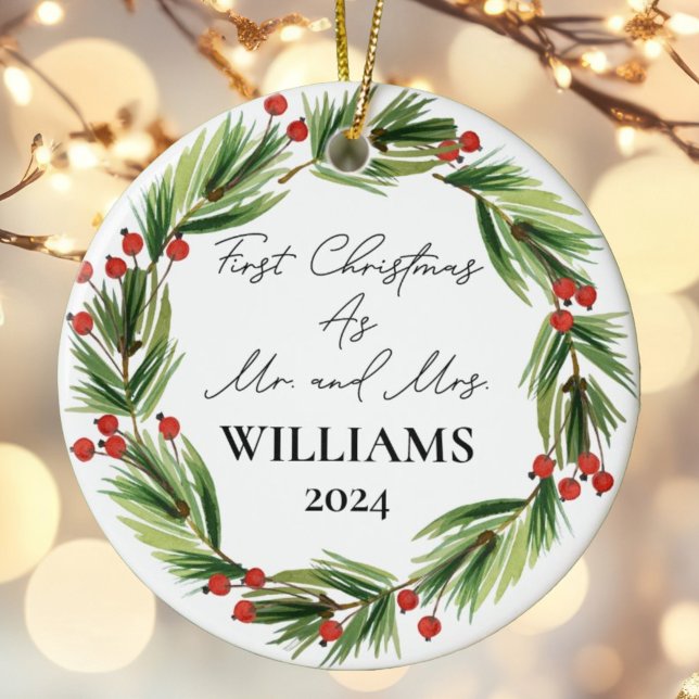 Personalised First Christmas As Mr & Mrs Festive Ceramic Ornament (Creator Uploaded)