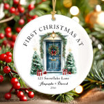 Personalised First Christmas At Our New Home Ceramic Ornament<br><div class="desc">The Personalised First Christmas At Our New Home Ceramic Ornament is a beautiful keepsake to celebrate a milestone holiday season! Crafted from high-quality ceramic, this ornament features a charming design with festive elements and space to personalise with names, the year, or a heartfelt message. Perfect for commemorating your first Christmas...</div>