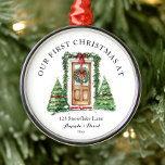 Personalised First Christmas At Our New Home Metal Ornament<br><div class="desc">The Personalised First Christmas At Our New Home Ceramic Ornament is a beautiful keepsake to celebrate a milestone holiday season! Crafted from high-quality ceramic, this ornament features a charming design with festive elements and space to personalise with names, the year, or a heartfelt message. Perfect for commemorating your first Christmas...</div>