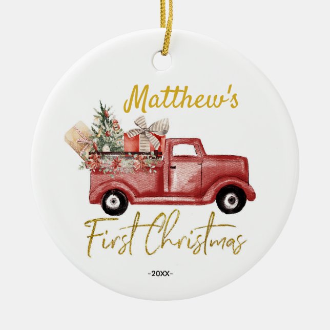 Personalised First Christmas Baby Boy Red Truck Ceramic Ornament (Front)