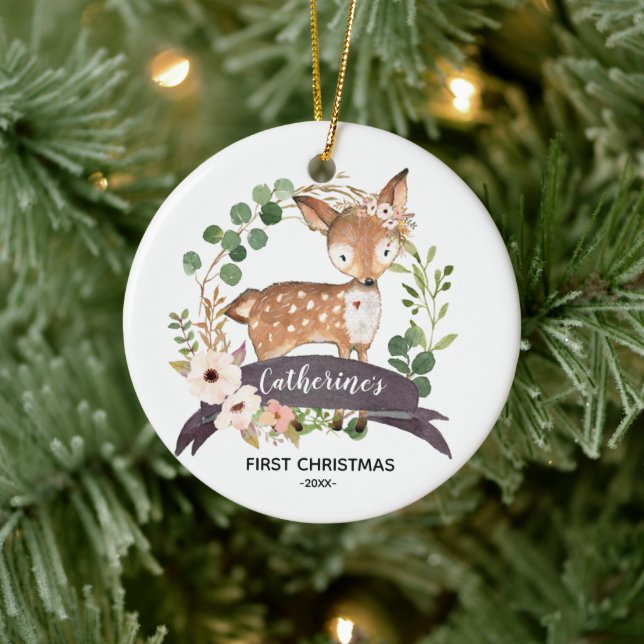 Personalised First Christmas Baby Girl Woodland Ceramic Ornament (Tree)