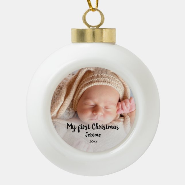 Personalised First christmas baby photo Ceramic Ball Christmas Ornament (Front)
