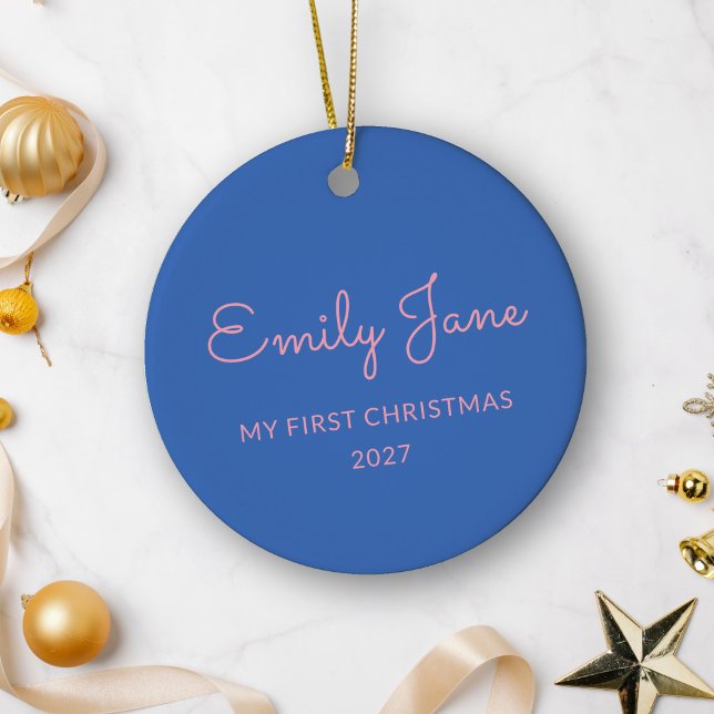 Personalised First Christmas Baby Photo Name Blue Ceramic Ornament (Creator Uploaded)