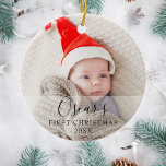 Personalised First Christmas Baby Photo Name Ceramic Ornament<br><div class="desc">Personalise with your favourite baby photos name and date to create a unique memory and gift for a first Christmas. A lovely keepsake to celebrate your new arrival! Designed by Thisisnotme©</div>