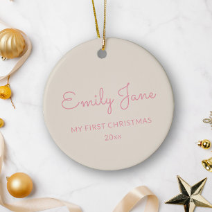 Personalised First Christmas Baby Photo Name Pink Ceramic Ornament