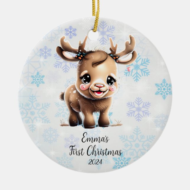 Personalised First Christmas Baby Reindeer  Ceramic Ornament (Front)
