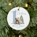 Personalised First Christmas bear for boy Ceramic Ornament<br><div class="desc">Personalised First Christmas bear for boy Ceramic Ornament. Artwork is beautifully done in watercolor elements of pastel blue</div>