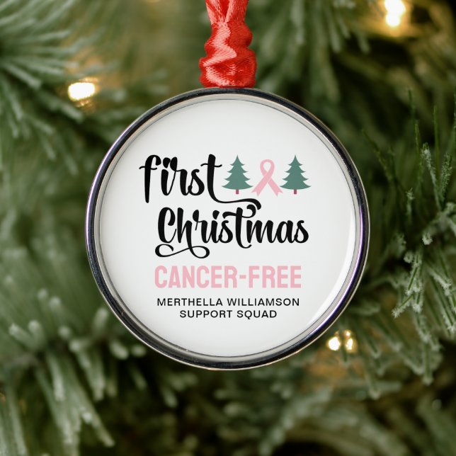 Personalised FIRST CHRISTMAS Breast Cancer Free  Metal Ornament (Tree)