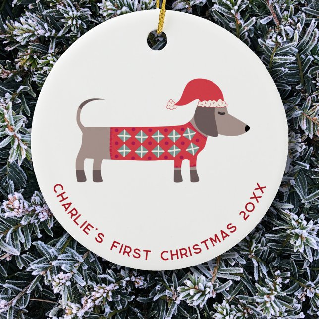 Personalised First Christmas Dachshund Dog Ceramic Ornament (Dachshund dog personalized name first 1st Christmas ceramic ornament)