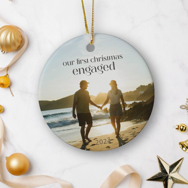Personalised First Christmas Engaged Couple Photo  Ceramic Ornament (Creator Uploaded)