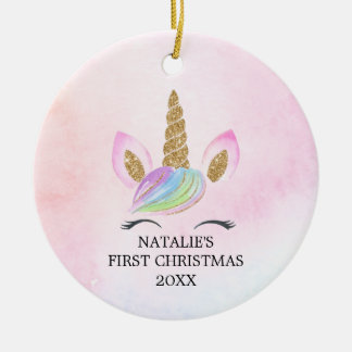 Personalised First Christmas Girl Unicorn Glitter Ceramic Ornament
