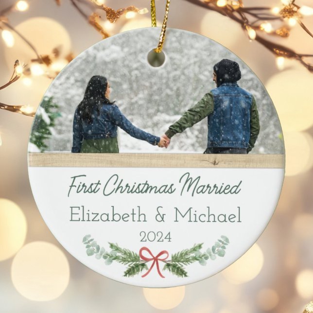 Personalised First Christmas Married Festive Photo Ceramic Ornament (Creator Uploaded)