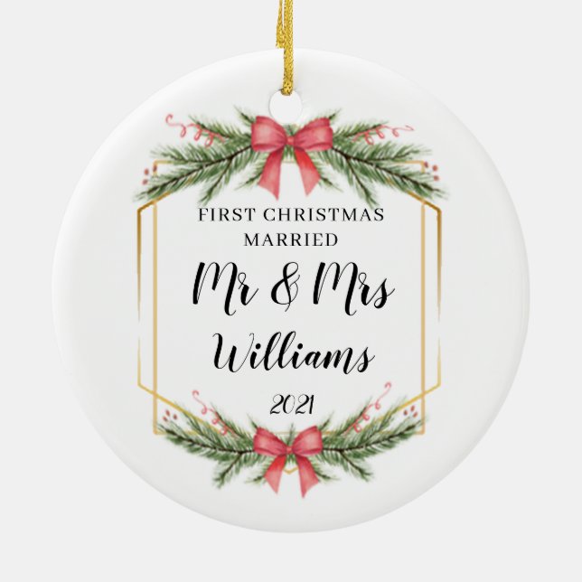 Personalised First Christmas Married Mr Mrs Ceramic Ornament (Back)