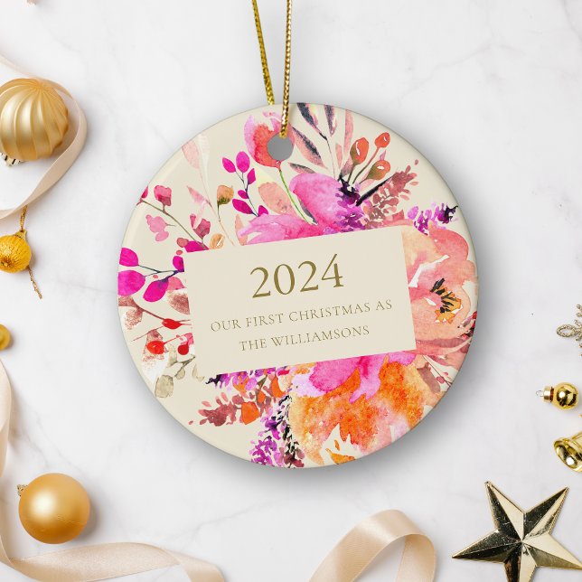 Personalised First Christmas Married Pink Floral  Ceramic Ornament (Creator Uploaded)
