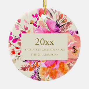 Personalised First Christmas Married Pink Floral Ceramic Ornament