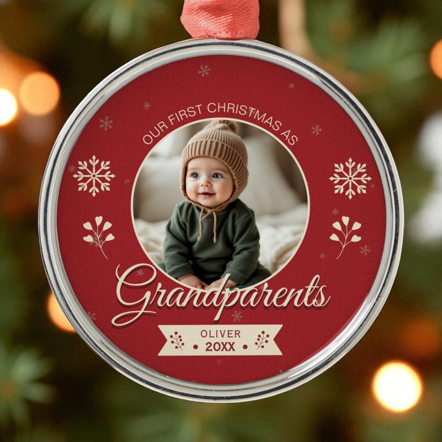 Personalised First Christmas Photo Grandparents  Metal Ornament (Creator Uploaded)