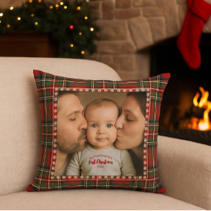 Personalised First Christmas Photo Tartan Cushion