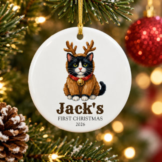 personalised first christmas reindeer tuxedo cat ceramic ornament