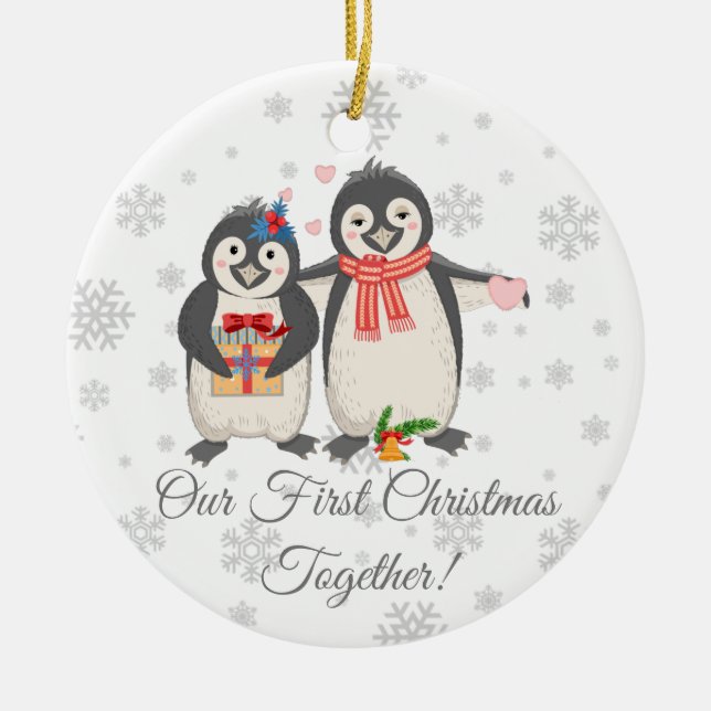 Personalised First Christmas Together Penguins Ceramic Ornament (Front)