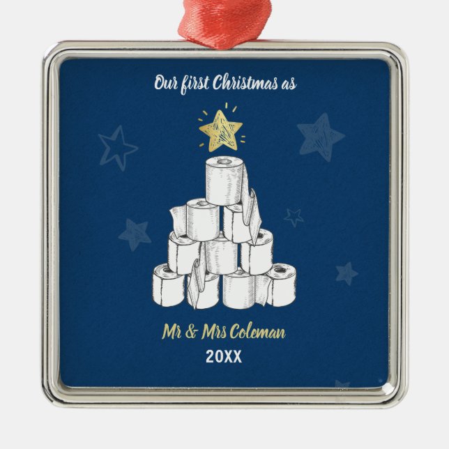 Personalised First Christmas Toilet Paper Tree Metal Ornament (Front)