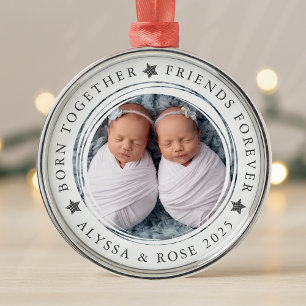 Personalised First Christmas Twins Photo Metal Ornament
