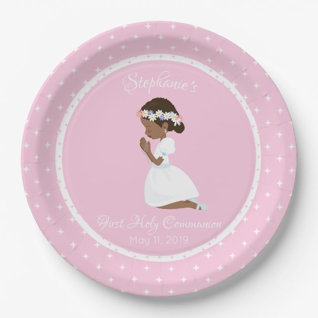 Personalised First Communion African American Girl Paper Plate (Front)