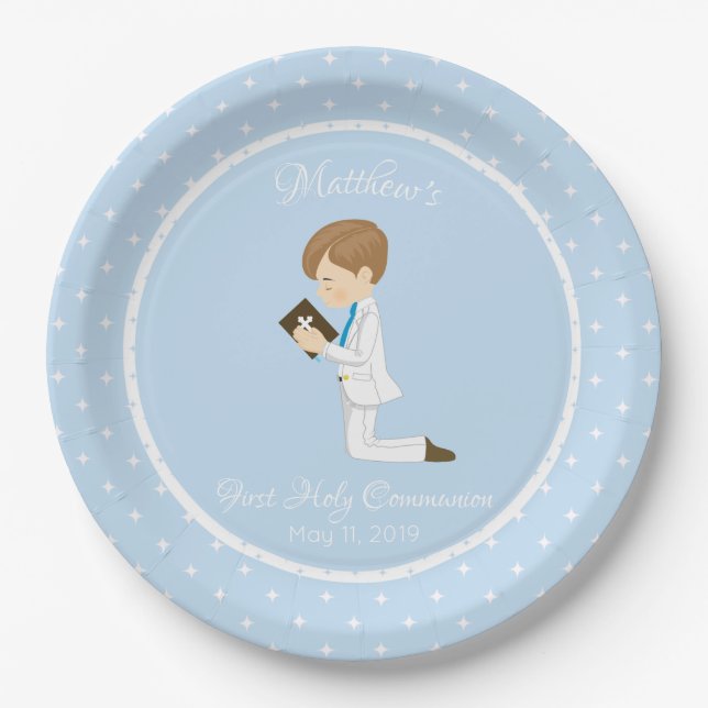 Personalised First Communion Brunette Boy Paper Plate (Front)