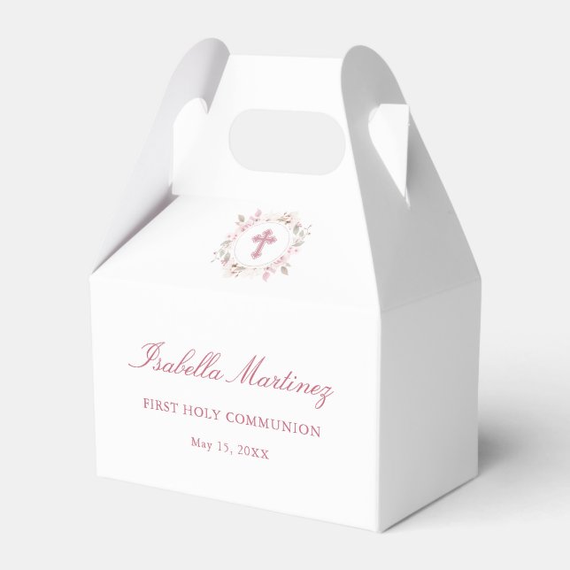 Personalised First Communion Pink Floral Cross Favour Box (Front Side)