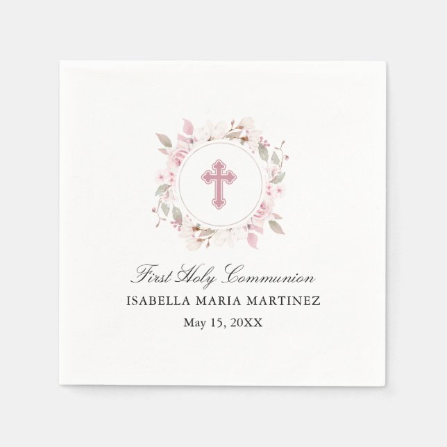 Personalised First Communion Pink Rose Floral Napkin (Front)