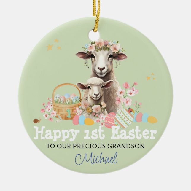 Personalised First Easter keepsake GREEN Lamb Ceramic Ornament (Front)