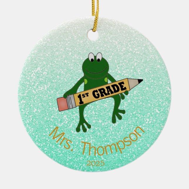 Personalised First Grade Teacher Frog   Ceramic Ornament (Front)
