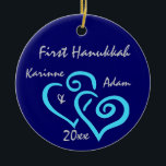 Personalised First Hanukkah Ornament<br><div class="desc">Entwined blue hearts on a deep blue background with personalised names & date.  Change Background colour by selecting customise,  edit and background.</div>