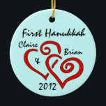 Personalised First Hanukkah Ornament<br><div class="desc">Entwined red hearts on a  blue background and personalised names & date.  Change Background colour by selecting custimze,  edit and background.</div>