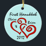 Personalised First Hanukkah Ornament<br><div class="desc">Entwined red hearts on a  blue background and personalised names & date.  Change Background colour by selecting custimze,  edit and background.</div>