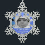 Personalised First Hanukkah Snowflake Pewter Christmas Ornament<br><div class="desc">Happy Hanukkah! Star of David and Menorah Design Hanukkah Ornament with personalised year,  baby name,  and photo. The perfect way to commemorate a new bundle of joy's first holiday! Makes a great gift!</div>