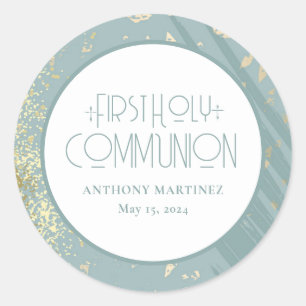 Personalised First Holy Communion Blue Gold Cross Classic Round Sticker