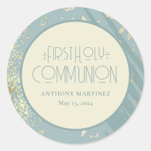Personalised First Holy Communion Blue Gold Cross Classic Round Sticker