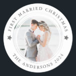Personalised First Married Christmas Photo Classic Round Sticker<br><div class="desc">Photo holiday stickers</div>
